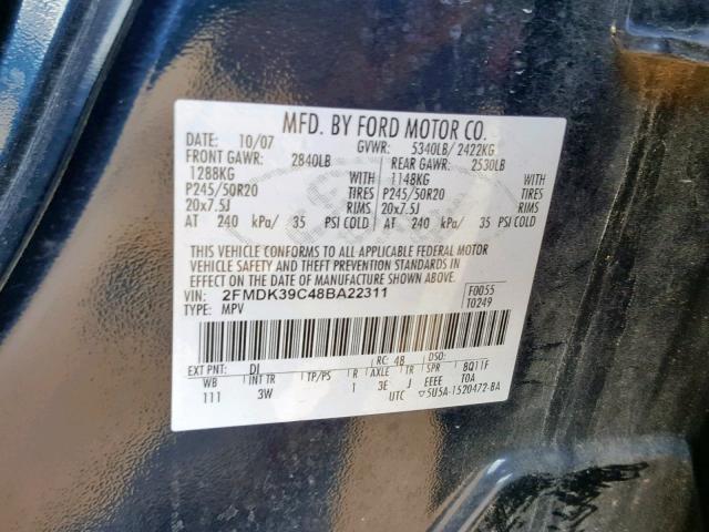 2FMDK39C48BA22311 - 2008 FORD EDGE LIMIT BLUE photo 10