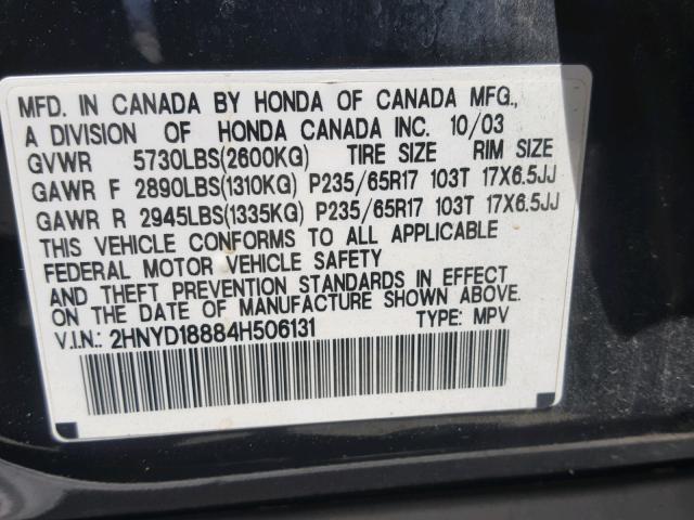 2HNYD18884H506131 - 2004 ACURA MDX TOURIN BLACK photo 10