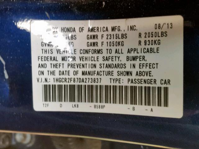 1HGCR2F87DA273837 - 2013 HONDA ACCORD EXL BLUE photo 10