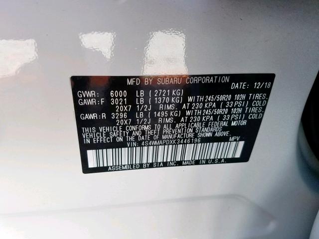 4S4WMAPDXK3446196 - 2019 SUBARU ASCENT LIM WHITE photo 10