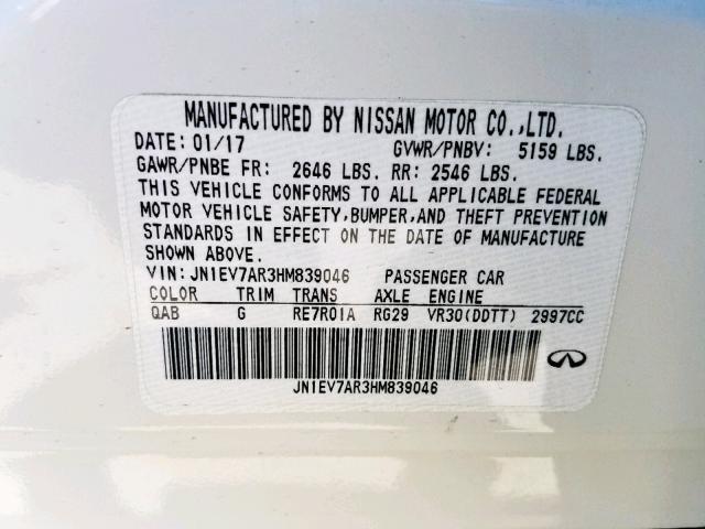 JN1EV7AR3HM839046 - 2017 INFINITI Q50 PREMIU WHITE photo 10