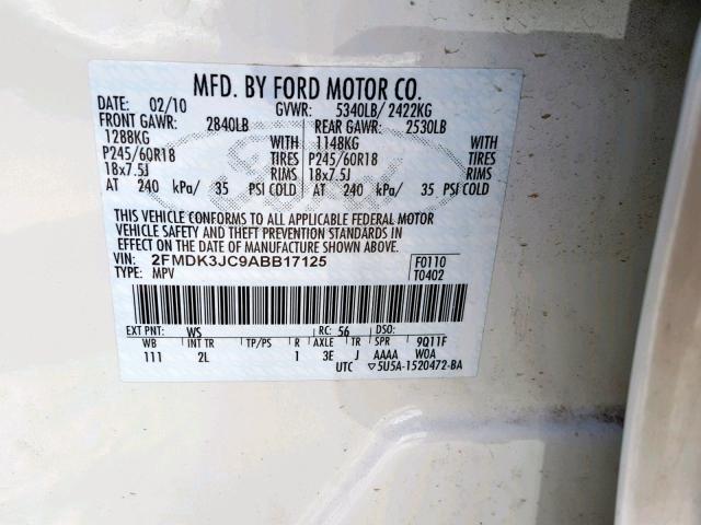 2FMDK3JC9ABB17125 - 2010 FORD EDGE SEL WHITE photo 10