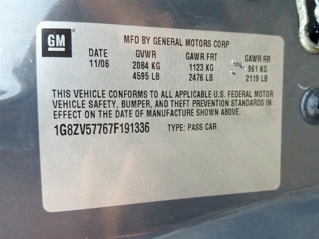 1G8ZV57767F191336 - 2007 SATURN AURA XR GRAY photo 10