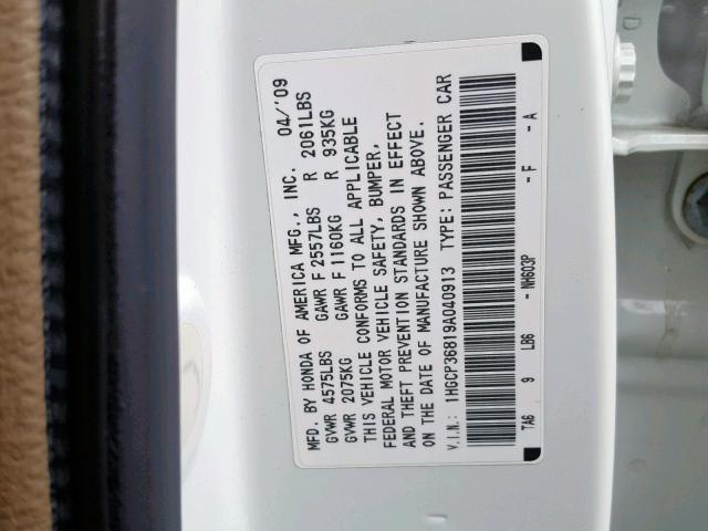 1HGCP36819A040913 - 2009 HONDA ACCORD EXL WHITE photo 10