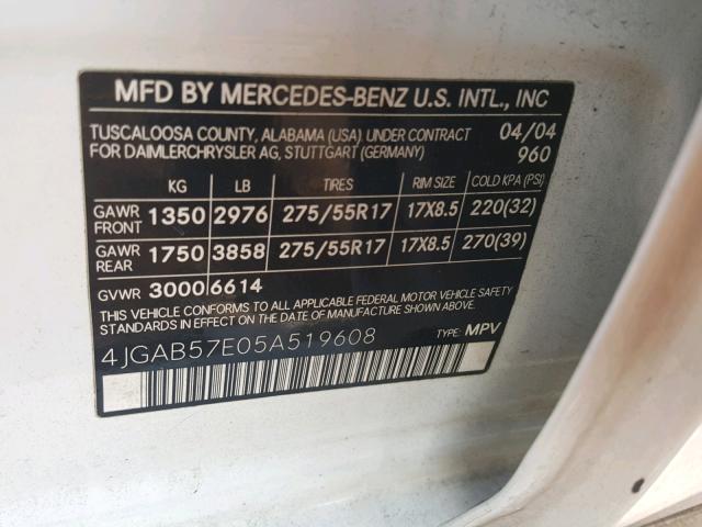 4JGAB57E05A519608 - 2005 MERCEDES-BENZ ML 350 WHITE photo 10