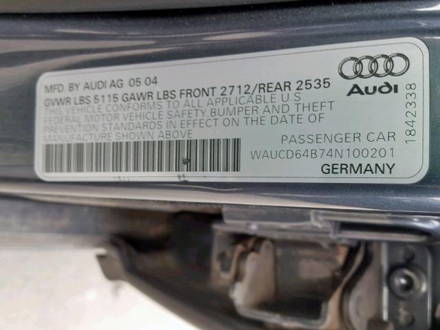 WAUCD64B74N100201 - 2004 AUDI A6 S-LINE GRAY photo 10