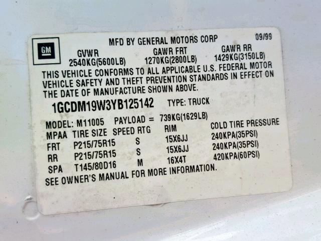 1GCDM19W3YB125142 - 2000 CHEVROLET ASTRO WHITE photo 10