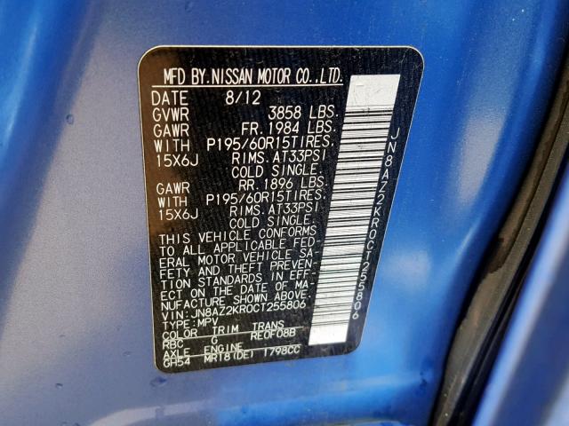 JN8AZ2KR0CT255806 - 2012 NISSAN CUBE BASE BLUE photo 10