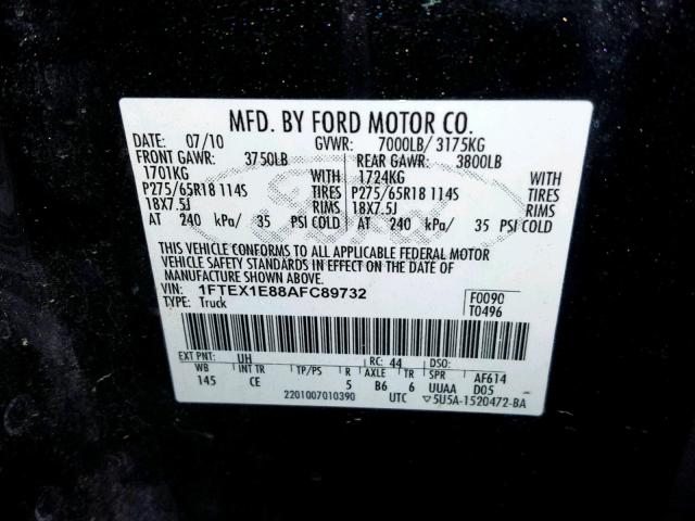 1FTEX1E88AFC89732 - 2010 FORD F150 SUPER BLACK photo 10