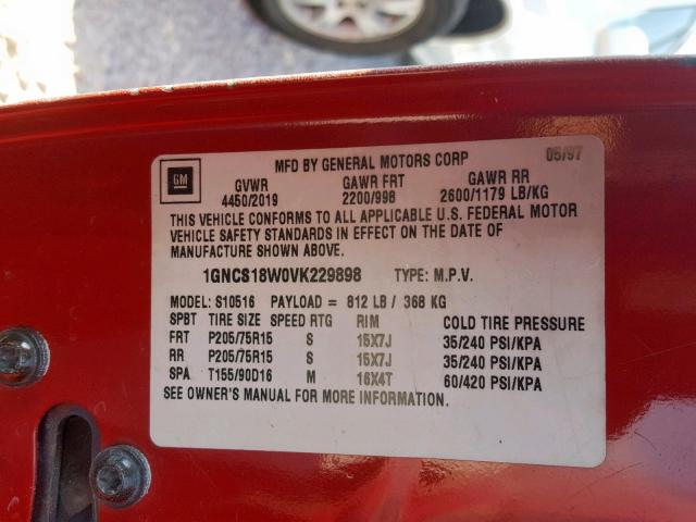 1GNCS18W0VK229898 - 1997 CHEVROLET BLAZER RED photo 10