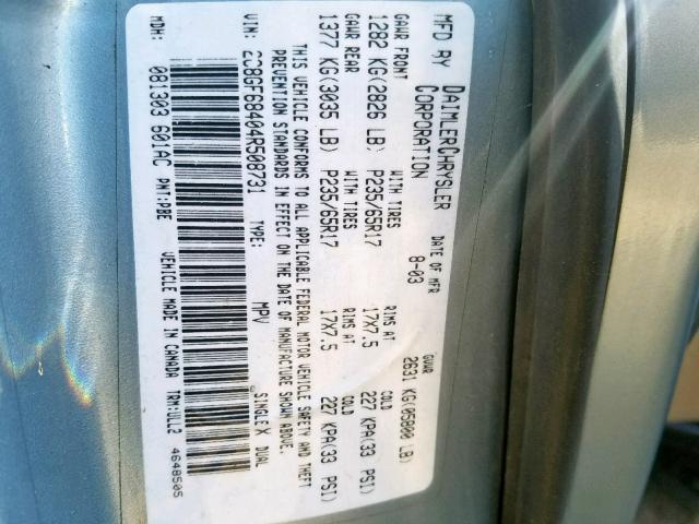 2C8GF68404R508731 - 2004 CHRYSLER PACIFICA BLUE photo 10