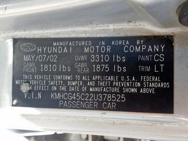 KMHCG45C22U378525 - 2002 HYUNDAI ACCENT GL SILVER photo 10