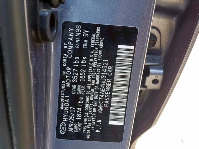 KMHCT4AE4HU314921 - 2017 HYUNDAI ACCENT SE GRAY photo 10