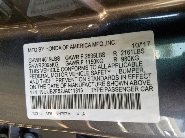 19UUB2F52JA011816 - 2018 ACURA TLX TECH GRAY photo 10