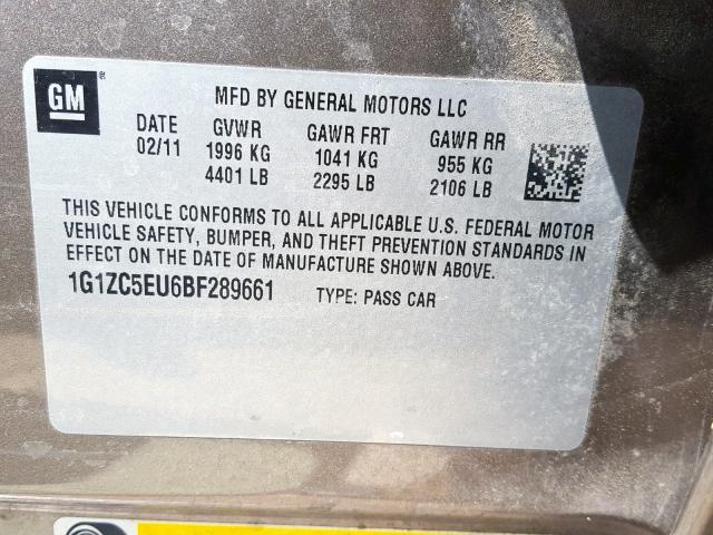 1G1ZC5EU6BF289661 - 2011 CHEVROLET MALIBU 1LT 米色 照片 10