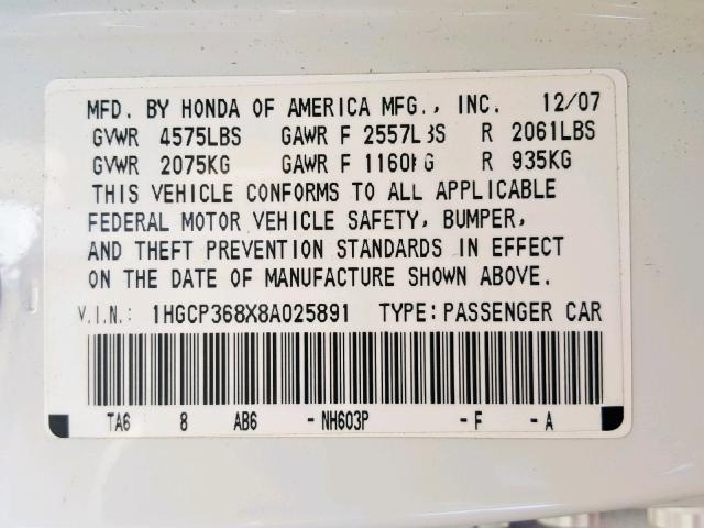 1HGCP368X8A025891 - 2008 HONDA ACCORD EXL WHITE photo 10