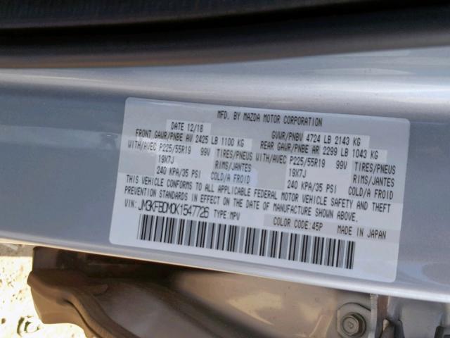 JM3KFBDM0K1547726 - 2019 MAZDA CX-5 GRAND SILVER photo 10