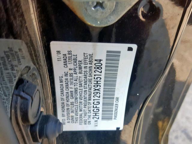 2HGFG129X9H512804 - 2009 HONDA CIVIC EXL BLACK photo 10