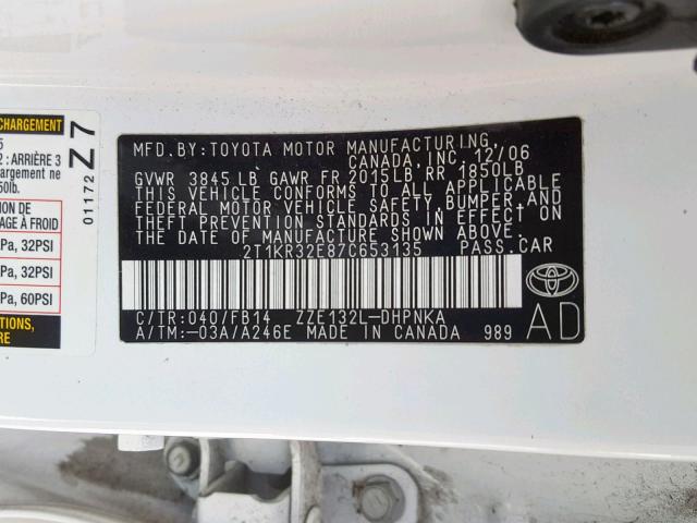 2T1KR32E87C653135 - 2007 TOYOTA MATRIX XR WHITE photo 10