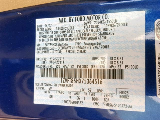 1ZVFT85HX75364516 - 2007 FORD MUSTANG GT BLUE photo 10