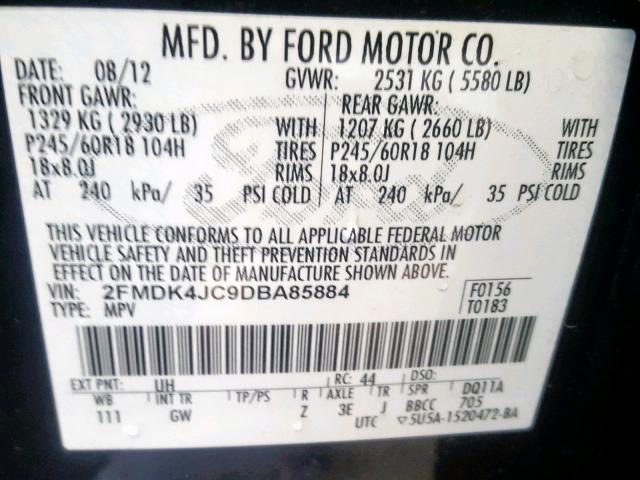 2FMDK4JC9DBA85884 - 2013 FORD EDGE SEL BLACK photo 10