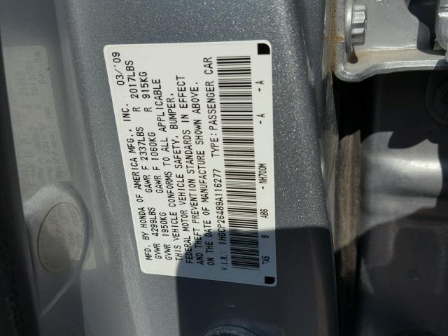 1HGCP26489A116277 - 2009 HONDA ACCORD LXP SILVER photo 10