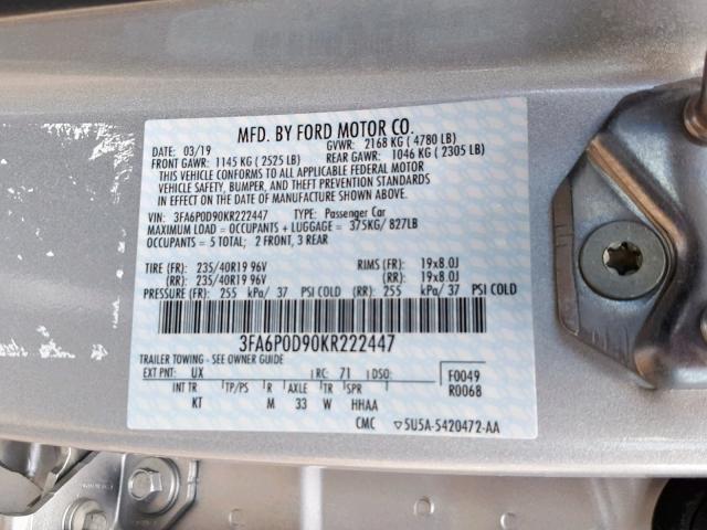 3FA6P0D90KR222447 - 2019 FORD FUSION TIT SILVER photo 10