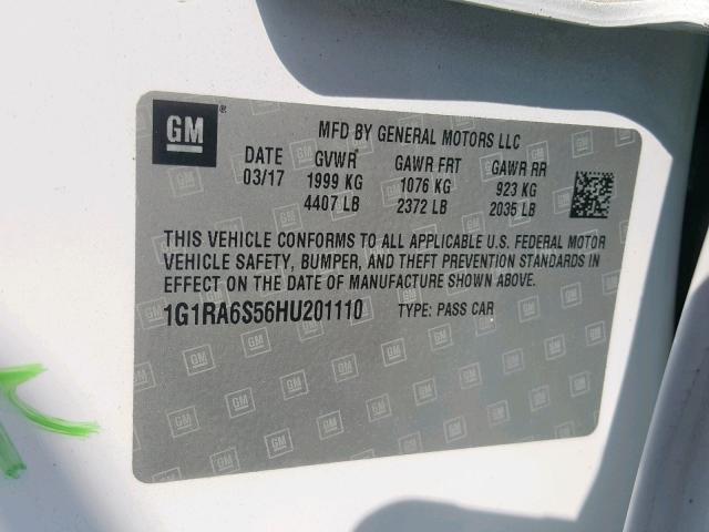 1G1RA6S56HU201110 - 2017 CHEVROLET VOLT LT WHITE photo 10