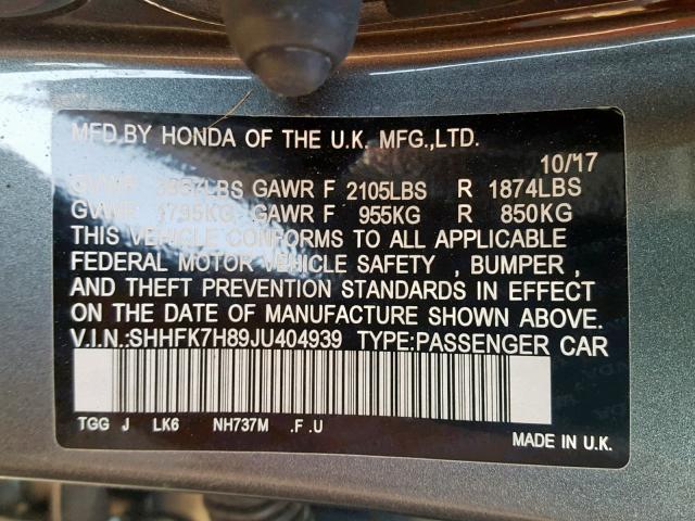 SHHFK7H89JU404939 - 2018 HONDA CIVIC EXL 灰色 照片 10