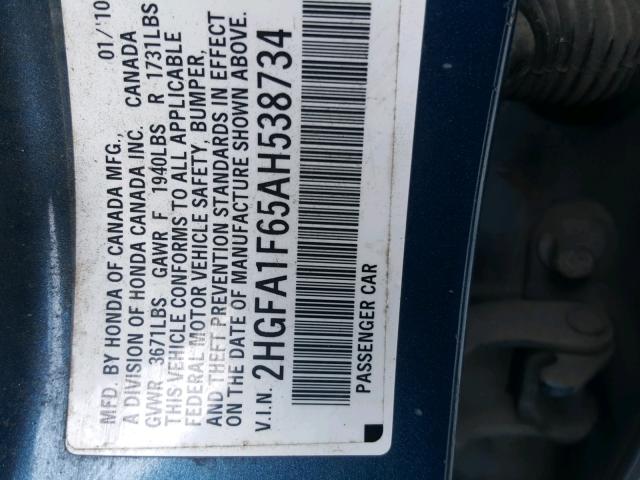 2HGFA1F65AH538734 - 2010 HONDA CIVIC LX-S ლურჯი ფოტო 10