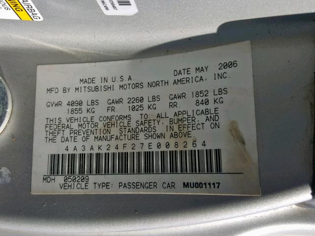 4A3AK24F27E008264 - 2007 MITSUBISHI ECLIPSE GS SILVER photo 10