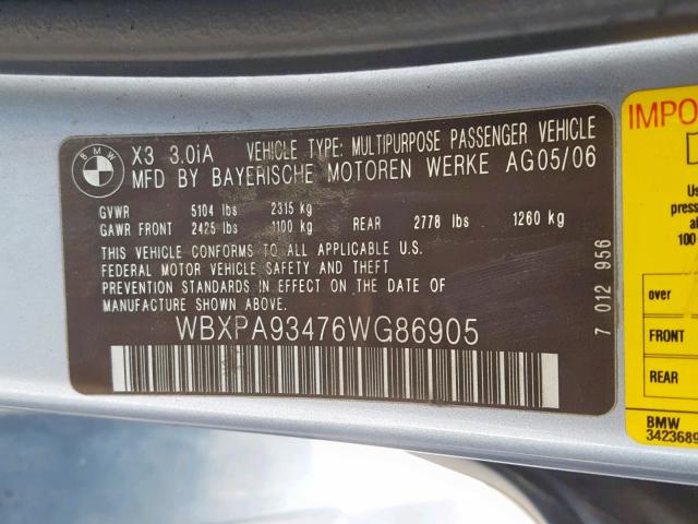 WBXPA93476WG86905 - 2006 BMW X3 3.0I BLUE photo 10