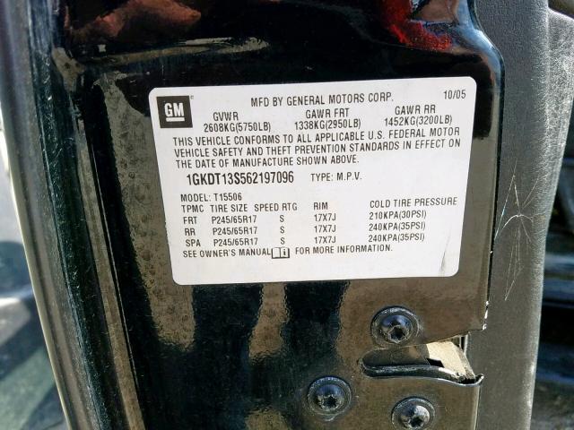 1GKDT13S562197096 - 2006 GMC ENVOY BLACK photo 10