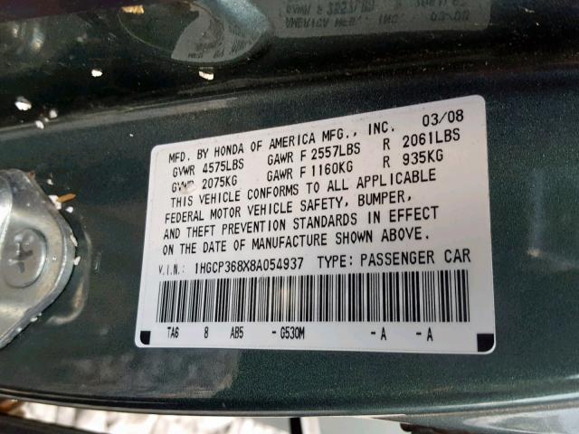 1HGCP368X8A054937 - 2008 HONDA ACCORD EXL GREEN photo 10