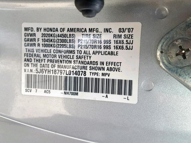 5J6YH18797L014078 - 2007 HONDA ELEMENT EX SILVER photo 10