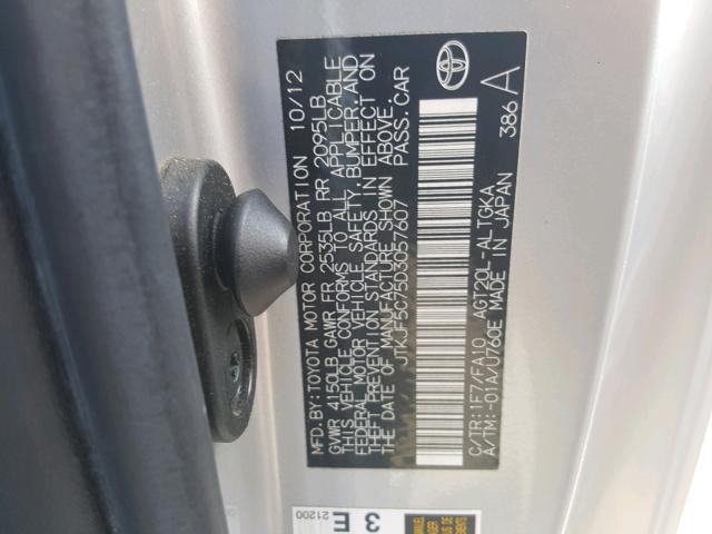 JTKJF5C75D3057607 - 2013 TOYOTA SCION TC ნაცრისფერი ფოტო 10