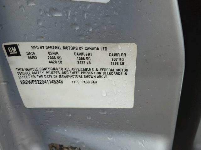 2G2WP522341145243 - 2004 PONTIAC GRAND PRIX SILVER photo 10