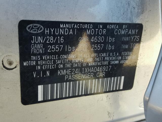 KMHE24L1XHA046917 - 2017 HYUNDAI SONATA HYB SILVER photo 10