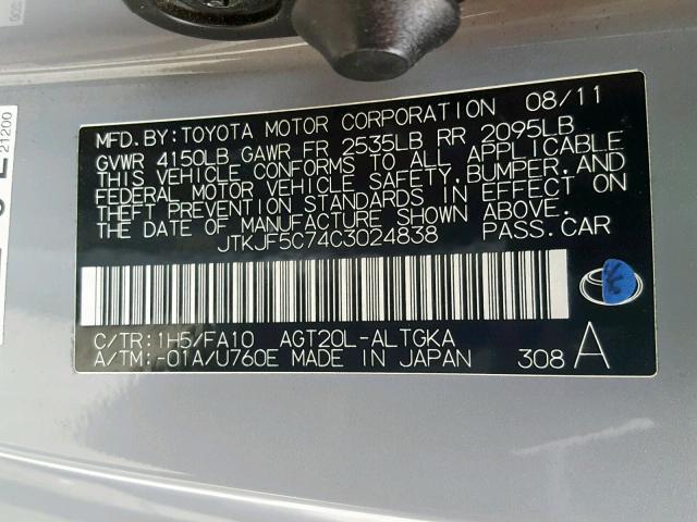 JTKJF5C74C3024838 - 2012 TOYOTA SCION TC ნაცრისფერი ფოტო 10