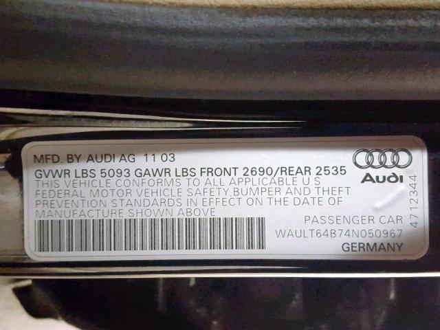 WAULT64B74N050967 - 2004 AUDI A6 3.0 QUA BLACK photo 10