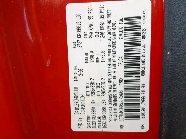 1D7HW48NX5S273408 - 2005 DODGE DAKOTA QUA RED photo 10