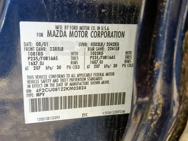 4F2CU08122KM03824 - 2002 MAZDA TRIBUTE LX BLUE photo 10