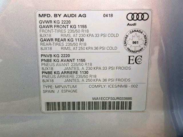 WA1ECCFS0JR033885 - 2018 AUDI Q3 PREMIUM SILVER photo 10