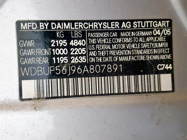 WDBUF56J96A807891 - 2006 MERCEDES-BENZ E 350 SILVER photo 10