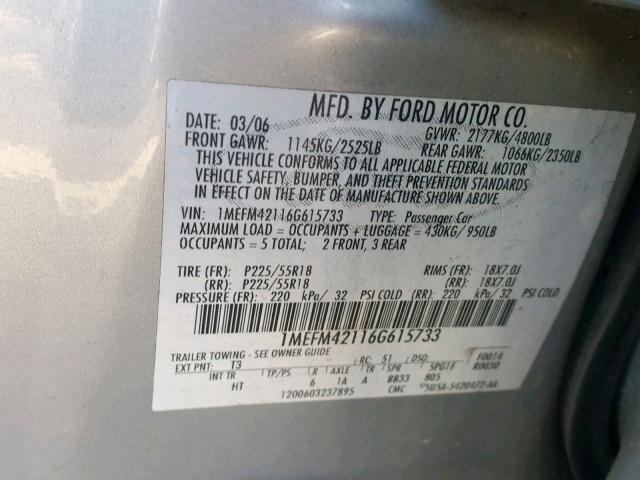 1MEFM42116G615733 - 2006 MERCURY MONTEGO PR ვერცხლისფერი ფოტო 10