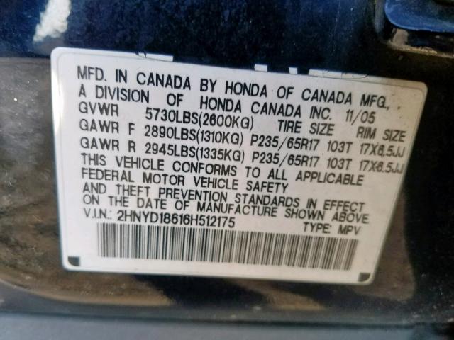 2HNYD18616H512175 - 2006 ACURA MDX TOURIN BLACK photo 10