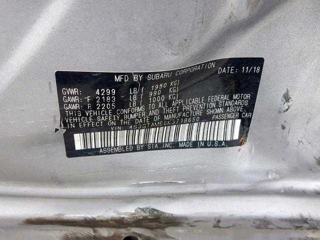 4S3GTAM66K3718650 - 2019 SUBARU IMPREZA SP SILVER photo 10