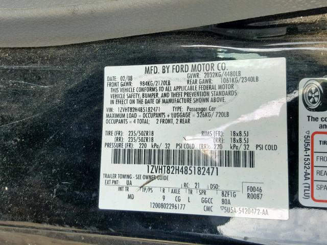 1ZVHT82H485182471 - 2008 FORD MUSTANG GT BLACK photo 10