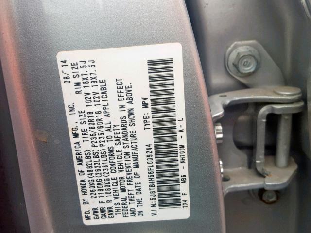 5J8TB4H56FL009244 - 2015 ACURA RDX TECHNO SILVER photo 10