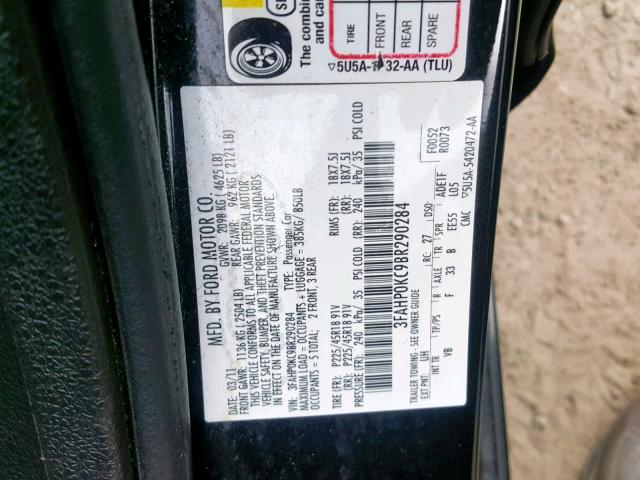 3FAHP0KC9BR290284 - 2011 FORD FUSION SPO BLACK photo 10